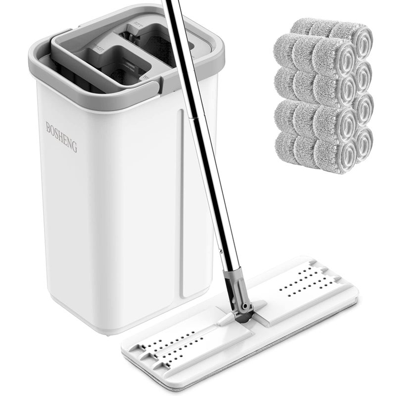 BOSHENG Mop and Bucket with Wringer Set, Hands Free Flat Floor Mop and Bucket, 8 Washable Microfiber Pads Included, Wet and Dry Use, Home Floor Cleaning System for All Floor Types and Windows - Image 1