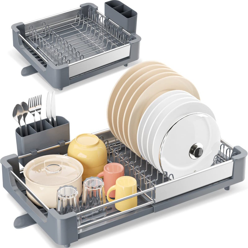 KINGRACK Expandable Dish Drainer Rack Foldable Dish Rack With Removable Cutlery Holder Adjustable Dish Drying Rack With Swivel Drainage Spout