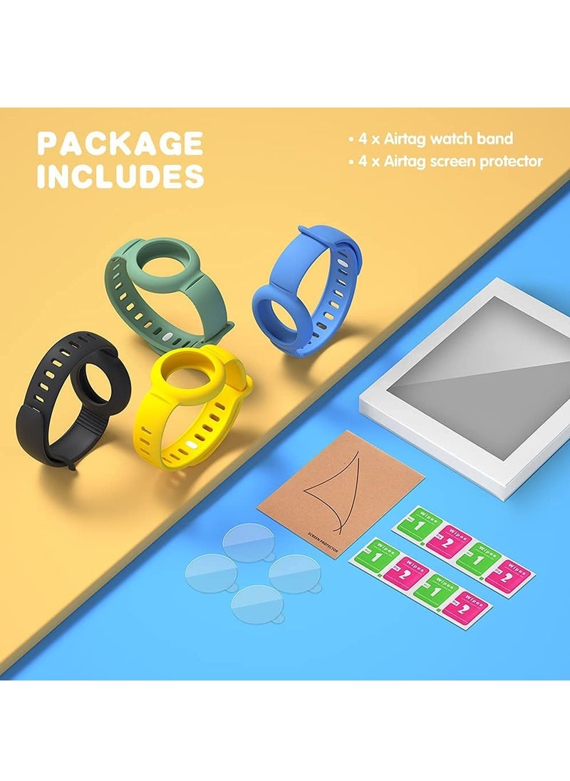 Generic - AirTag Bracelet for Kids, 4 Pack Silicone Watch Bands + 4 Pack Anti-Scratch Films for Kids/Toddler/Baby/Elders, Colourful Waterproof Wristband Compatible with Apple AirTag - Image 1
