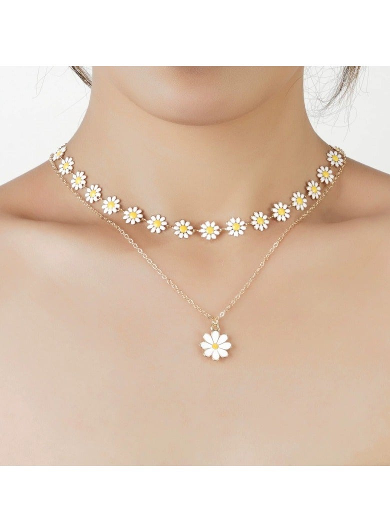 Goolsky Layered Daisy Pendant Necklace for Women – Double Chain Floral Choker, Fashion Boho Style Jewelry, Beach/Vacation Wear - Image 1
