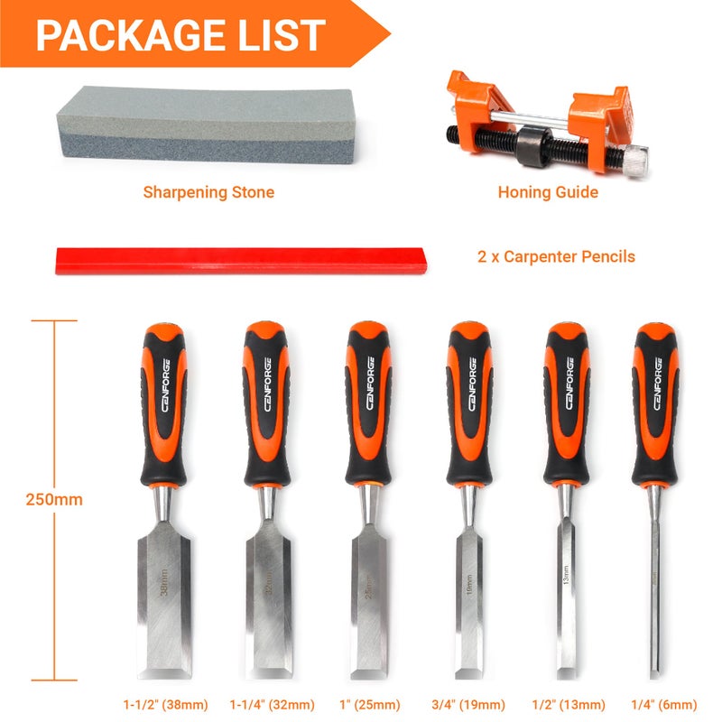 CENFORGE 10-Piece Wood Chisel Set for Woodworking - Professional Cr-V Steel Bevel Edge Chisels (1/4" to 1-1/2") with Honing Guide, Sharpening Stone & Case - Heavy Duty Carving Tools for Carpenters - Image 2