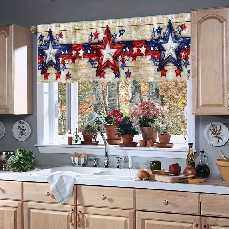 2D Flat Printing Rod Pocket Kitchen Short Curtains 100% Polyester Light Filtering Window Drapes Patriotic Star And Stripes Decor For Bedroom Living Room Art Studios Machine Washable 54x17.7 Inch 137x45Cm - Image 3