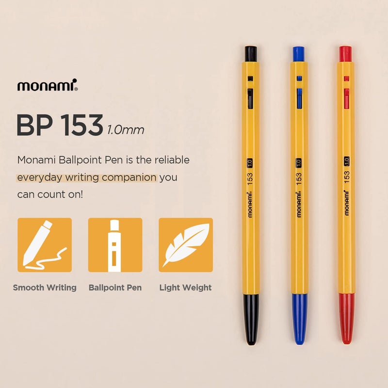 MONAMI BP 153 Retractable Ballpoint Pen, Medium Point (1.0mm), Black, 12-Count - Image 2