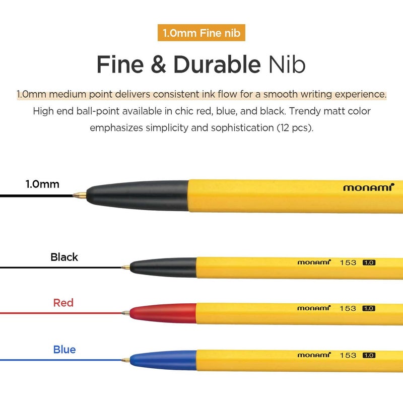MONAMI BP 153 Retractable Ballpoint Pen, Medium Point (1.0mm), Black, 12-Count - Image 3