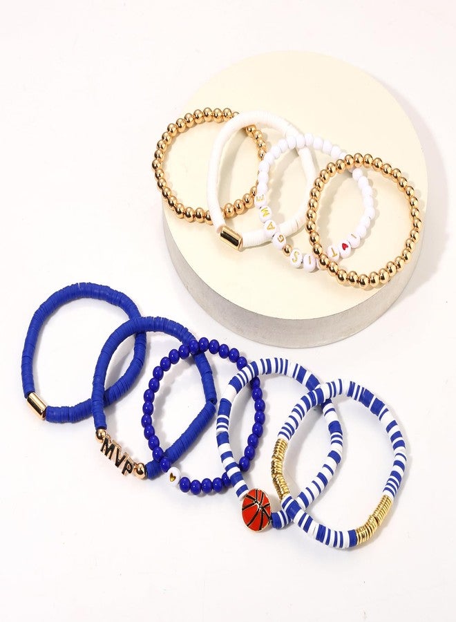 VOGUEKNOCK 9 Pack Basketball Bracelets Stack Basketball Friendship Bracelets Heishi Beaded Stretch Bracelets Basketball Game Day MVP Sports Fan Bracelets Jewelry Gifts (Blue White) - Image 4