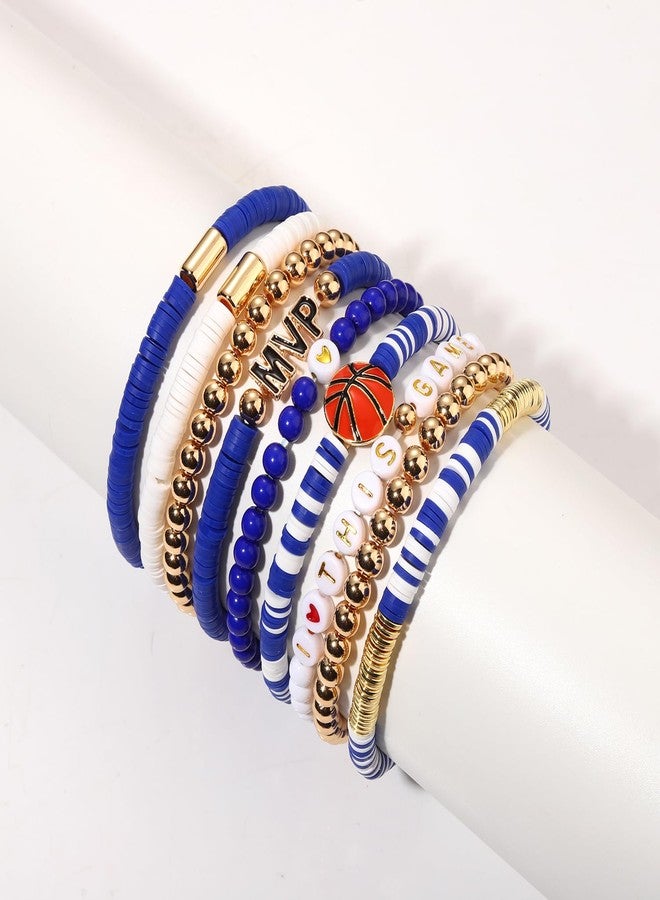 VOGUEKNOCK 9 Pack Basketball Bracelets Stack Basketball Friendship Bracelets Heishi Beaded Stretch Bracelets Basketball Game Day MVP Sports Fan Bracelets Jewelry Gifts (Blue White) - Image 2