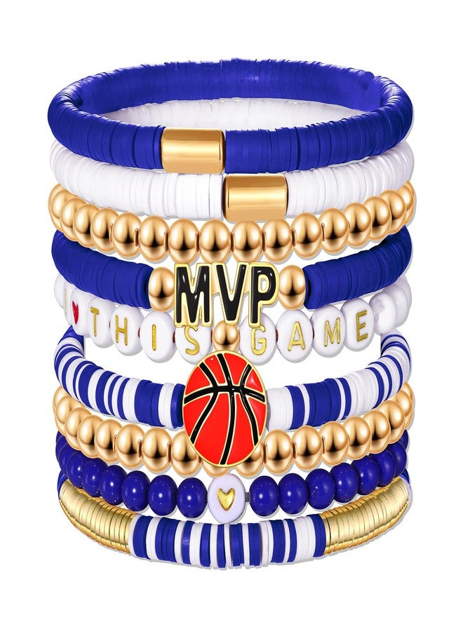 VOGUEKNOCK 9 Pack Basketball Bracelets Stack Basketball Friendship Bracelets Heishi Beaded Stretch Bracelets Basketball Game Day MVP Sports Fan Bracelets Jewelry Gifts (Blue White) - Image 1