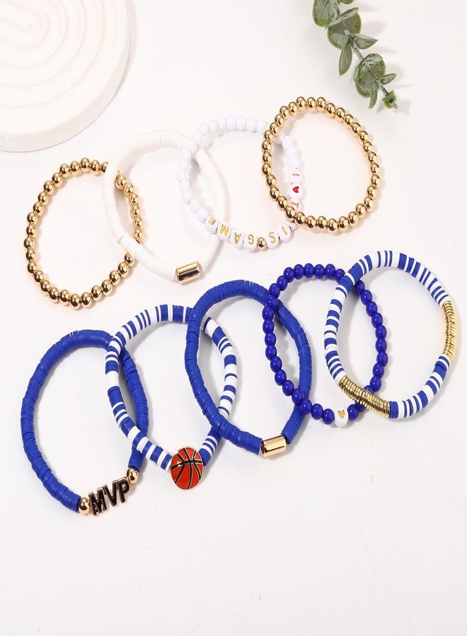 VOGUEKNOCK 9 Pack Basketball Bracelets Stack Basketball Friendship Bracelets Heishi Beaded Stretch Bracelets Basketball Game Day MVP Sports Fan Bracelets Jewelry Gifts (Blue White) - Image 3