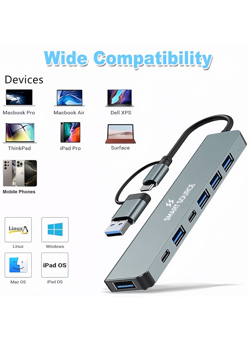 SMART SOURCE 7 in 1 USB C Hub with USB 3.0, USB 2.0 & 2X USB-C Ports – Multiport Adapter USB-C Hub, Compatible with MacBook, iPad Pro, Dell, HP, Lenovo, USB-C Laptops & Phones High-Speed Data Transfer USB Splitter - Image 2