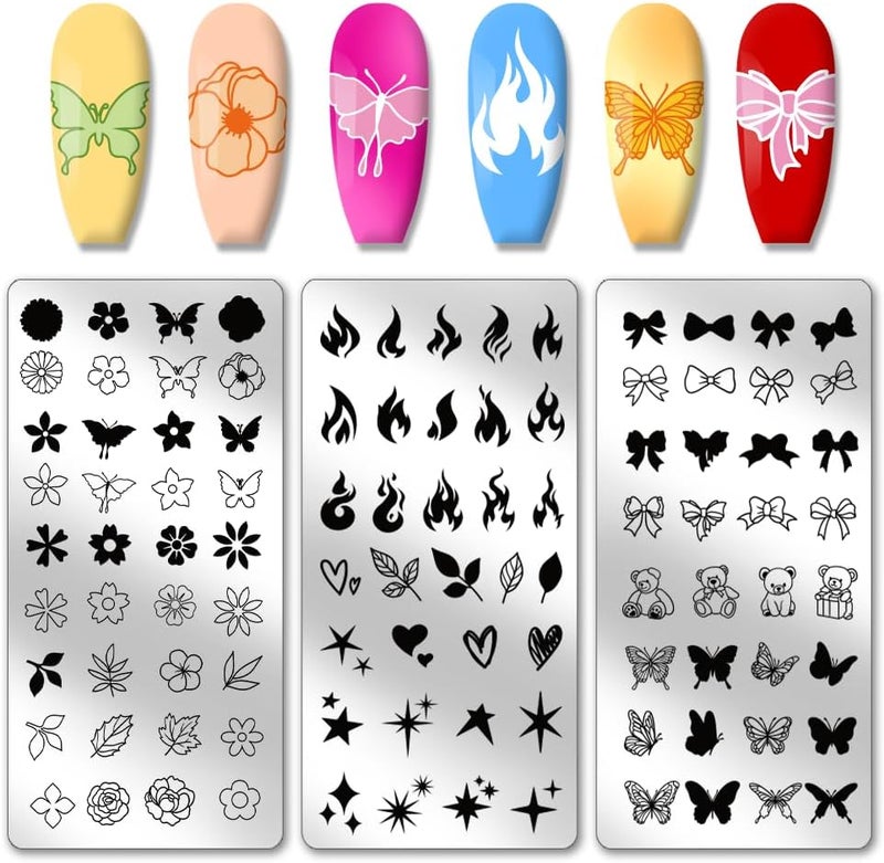 PH PandaHall 3pcs Nail Stamping Plate Flower Star Butterfly Nail Art Stamper DIY Nail Art Plates Nail Art Design Stamp Kit Reusable Nail Art Tools Template Design Tool for Nail Design Manicure Salon