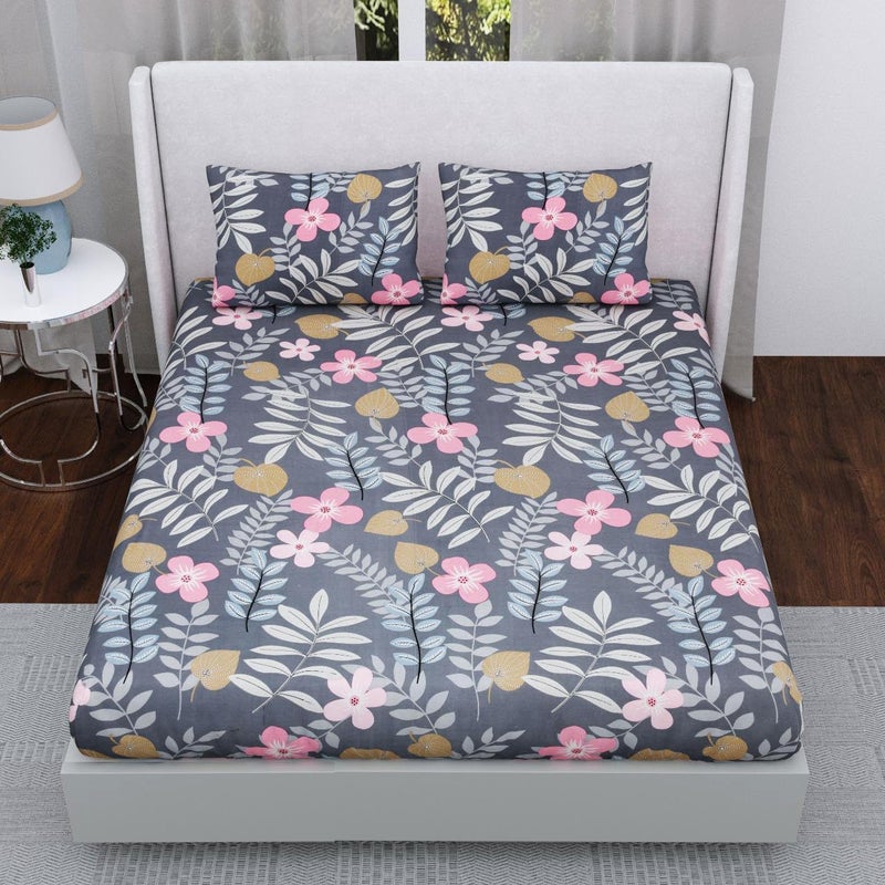 Akshya Akshya Glace Cotton Elastic Fitted Printed Queen Size Double Bed Bedsheets with 2 Pillow Covers Fitted Bedsheet Fits Up to 6 Mattress 72x78 210TC Grey 