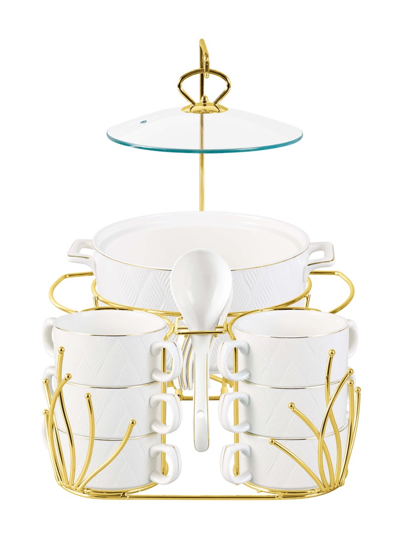 Shallow Amir 16 Piece Soup Set with Gold Stand - Elegant White Porcelain Dinnerware for Sophisticated Dining, Soup Bowls - Image 1