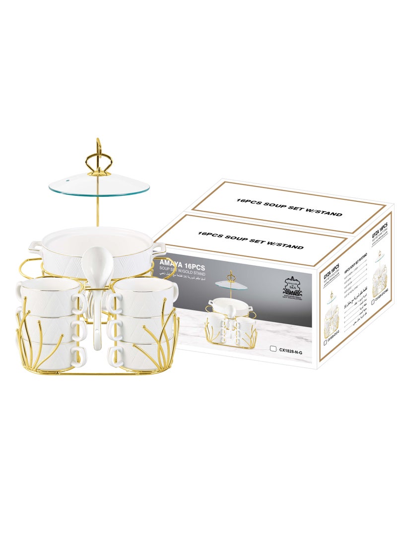 Shallow Amir 16 Piece Soup Set with Gold Stand - Elegant White Porcelain Dinnerware for Sophisticated Dining, Soup Bowls - Image 3