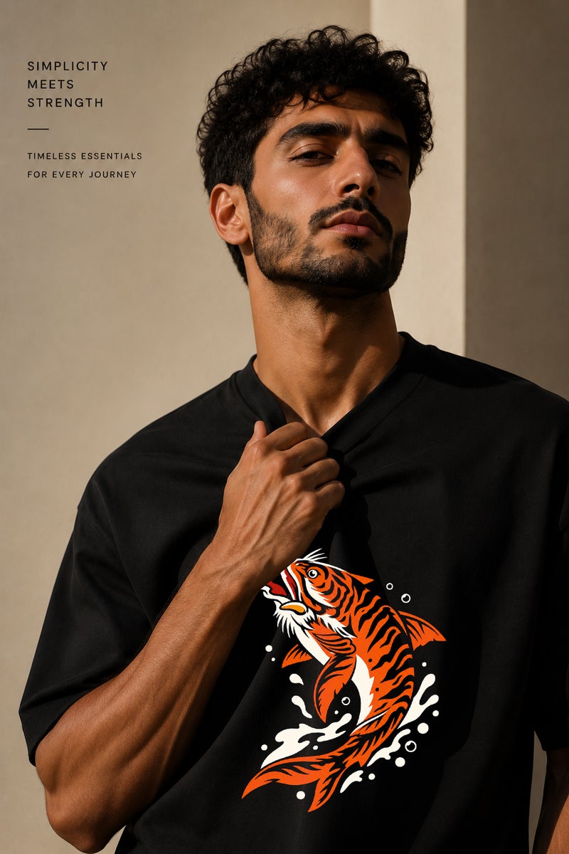 Men's Black Koi Fish Graphic T-Shirt Oversized Casual Short Sleeve Crew Neck Streetwear Tee - Image 5