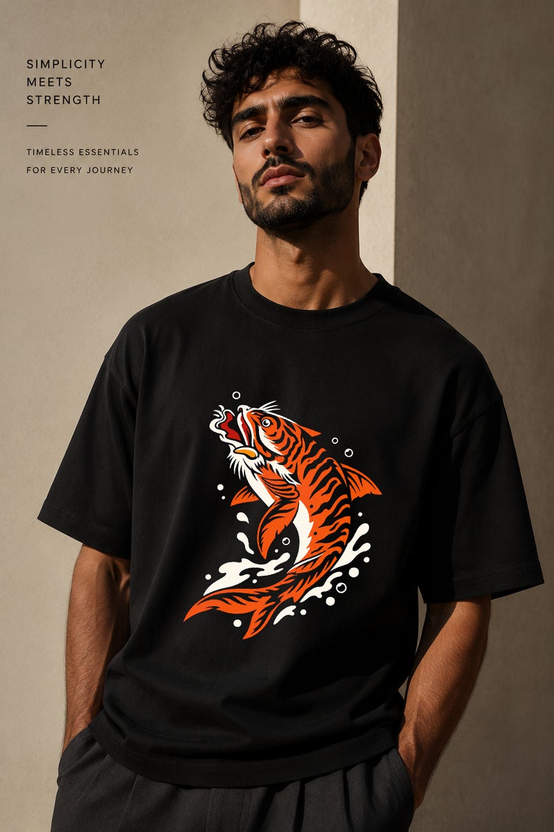 Men's Black Koi Fish Graphic T-Shirt Oversized Casual Short Sleeve Crew Neck Streetwear Tee - Image 1