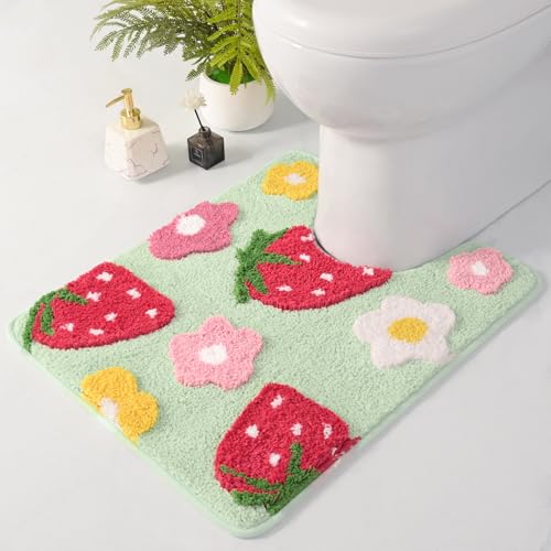 Anybar UShaped Toilet Rug 20x20 Super Soft Absorbent Bathroom Mat with Cute Strawberry Flower Design NonSlip QuickDry Washable Contour Rug for Toilet Bath Mats for Bathroom DecorGreen - Image 1