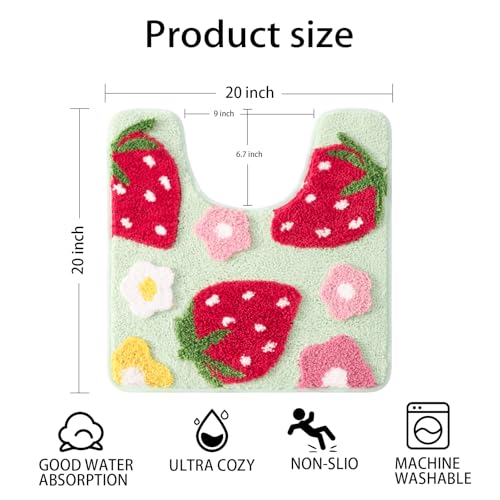 Anybar UShaped Toilet Rug 20x20 Super Soft Absorbent Bathroom Mat with Cute Strawberry Flower Design NonSlip QuickDry Washable Contour Rug for Toilet Bath Mats for Bathroom DecorGreen - Image 3