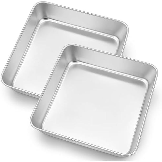 rayihni 9X9 Inch Square Cake Pans Set Of 2 Stainless Steel Baking Pan For Lasagna Brownies Casseroles Silver Square Bakeware For Oven Cooking NonToxic  Rust Free Dishwasher Safe 2 Inch Deep - Image 1