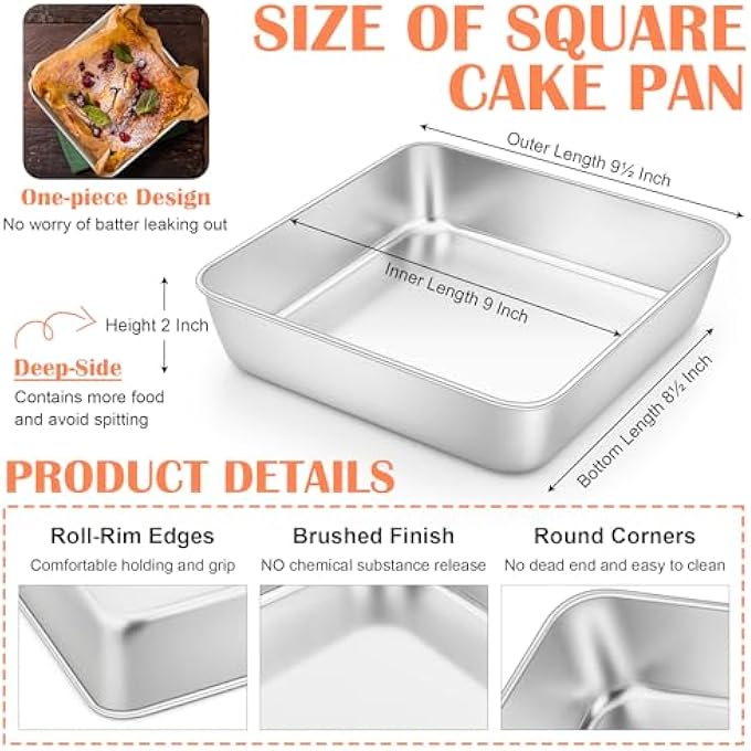 rayihni 9X9 Inch Square Cake Pans Set Of 2 Stainless Steel Baking Pan For Lasagna Brownies Casseroles Silver Square Bakeware For Oven Cooking NonToxic  Rust Free Dishwasher Safe 2 Inch Deep - Image 3