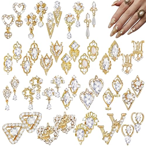Maitys 52 Pcs Gold Nail Charms Gems Rhinestone Luxury 3D Sparkling Crystal Pendant Bulk for Women Y2k Kawaii Acrylic Nail Tips Accessories DIY Craft Jewelry Making Junk Case Decoration - Image 1