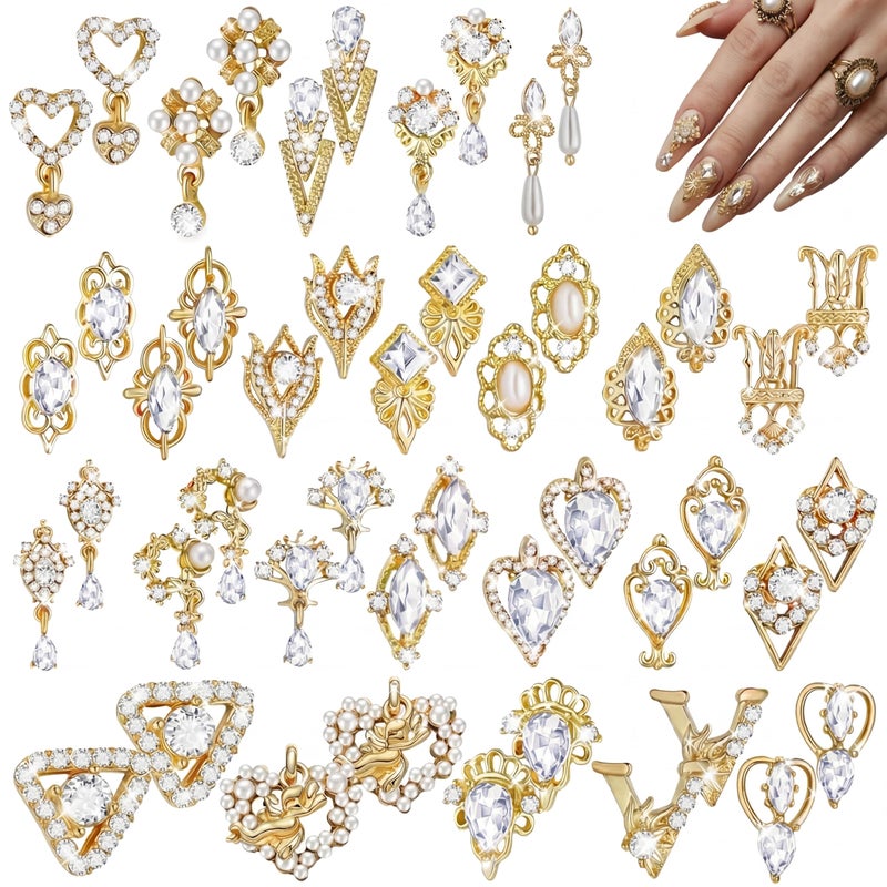 Maitys 52 Pcs Gold Nail Charms Gems Rhinestone Luxury 3D Sparkling Crystal Pendant Bulk for Women Y2k Kawaii Acrylic Nail Tips Accessories DIY Craft Jewelry Making Junk Case Decoration - Image 3