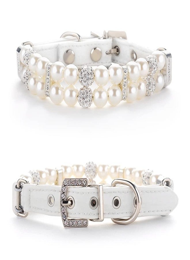 HOWWFALY Dog Cat Pearl Collars with Crystal Rhinestone PU Leather Collars Necklace Adjustable CollarDog Chain Cat White Pearl Pet Collar (White, Medium) - Image 1
