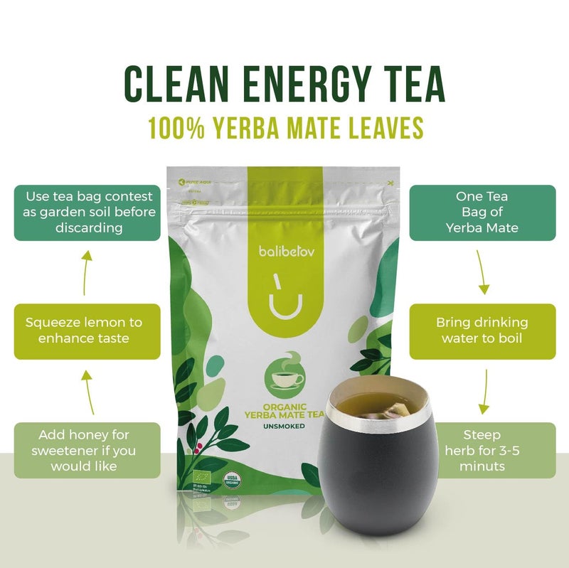 BALIBETOV 100 Unsmoked Organic Yerba Mate Tea Bags, Organic Yerba Mate Tea, Alternative to Tea, Coffee and Energy Drinks (100 Tea Bags (1 Pack)) - Image 4