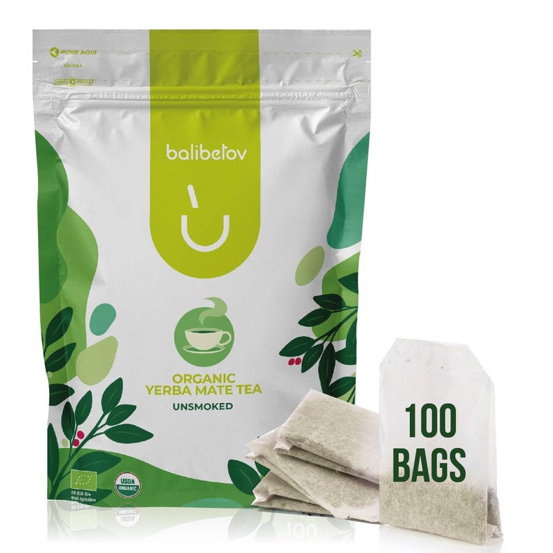 BALIBETOV 100 Unsmoked Organic Yerba Mate Tea Bags, Organic Yerba Mate Tea, Alternative to Tea, Coffee and Energy Drinks (100 Tea Bags (1 Pack)) - Image 1