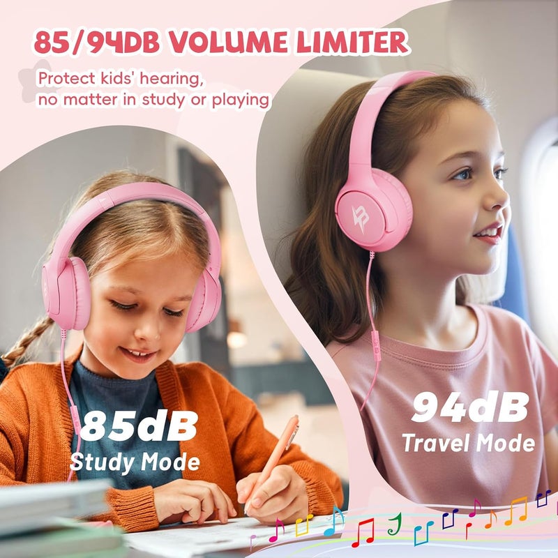 Botesty Sound Kids Headphones with Cord, 85/94dB Volume Limit, Wired Over-Ear Girls Headphones for Kids with Microphone Stereo Sound 3.5mm Plug Lightweight for Kindle Tablet School Airplane Travel, Pink - Image 3