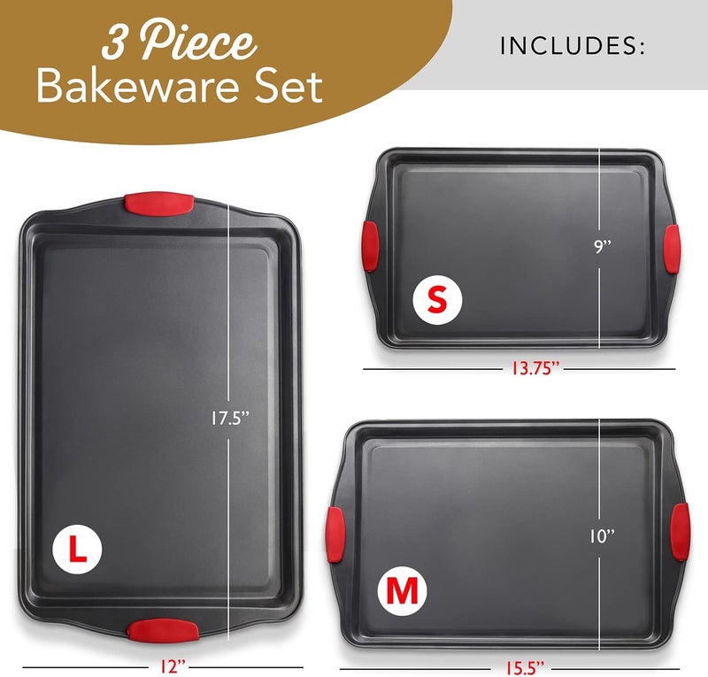 EATEX Baking Sheet Set, 3-Piece Cookie Sheet Set with Silicone Handles, Steel Baking Pans Set, Durable Baking Sheets for Oven, BPA Free Cookie Sheets for Baking Nonstick Set, Sheet Pan - Black Baking Pan - Image 2
