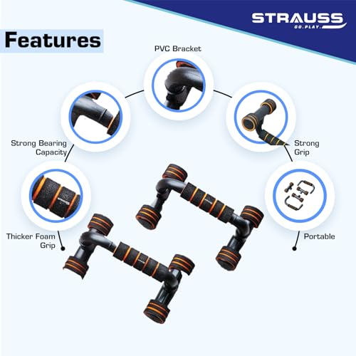 Strauss Moto Push-Up Bar, Pair|Non-Slip,Sturdy Exercise Equipment for Home or Gym Workout|Ideal for Upper Body Strength Training,Muscle Building,Push-Ups & Planks|Portable Gym Equipment,(Black/Orange) - Image 4
