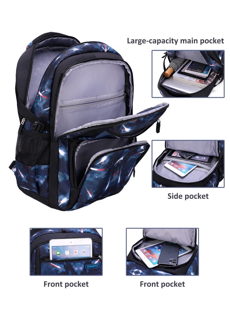 3Pcs Children's Backpack Set School Bag with Lunch Box Pencil Case, Large Capacity Galaxy Print Students Backpack for Primary Junior High school, Star Pattern - Image 3