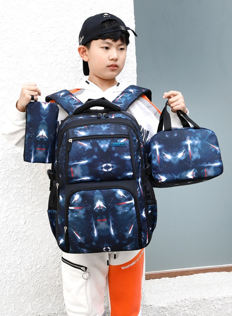 3Pcs Children's Backpack Set School Bag with Lunch Box Pencil Case, Large Capacity Galaxy Print Students Backpack for Primary Junior High school, Star Pattern - Image 2