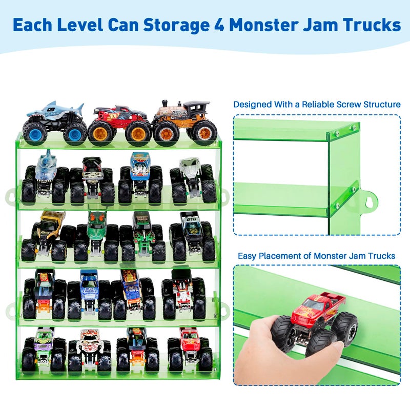 KISLANE Assembly Monster Trucks Display Case Holding for 20 Monster Trucks Acrylic Storage Case 5 Tiers Monster Trucks Organizer with Tilted Design, Display Case for Toy Trucks (Green) - Image 2