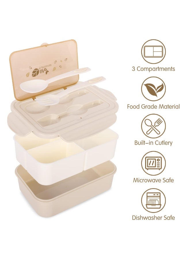 LODROC Bento Lunch Box, Bento Boxes, 3 compartments and 1400 ml fork spoon, leak-proof bento without BPA, Microwave and Dishwasher Safe Meal Prep Containers for Adults Kids - Image 2