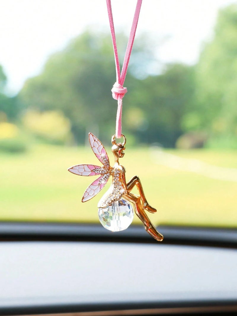 Car Hanging Ornament with Pink Fairy Design and Sparkling Crystal for Rearview Mirror Decoration