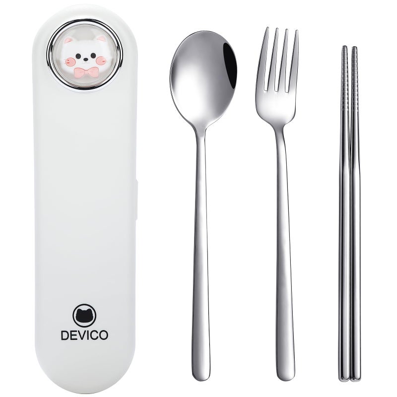DEVICO Travel Utensils with Case Cute, Reusable Silverware for Lunch, Portable Cutlery Set, 18/8 Stainless Steel Fork Spoon Chopsticks in Cartoon Case, Dishwasher Safe (White) - Image 1