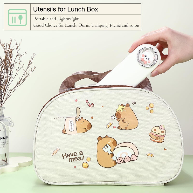 DEVICO Travel Utensils with Case Cute, Reusable Silverware for Lunch, Portable Cutlery Set, 18/8 Stainless Steel Fork Spoon Chopsticks in Cartoon Case, Dishwasher Safe (White) - Image 4