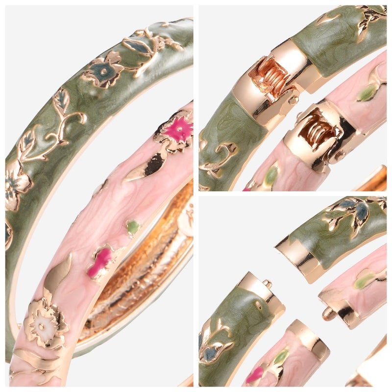 UJOY Elegant Bracelet Plated Enameled Jewelry Spring Hinge Metal Cuff Cloisonne Bangles Set Gift Box Packed 55A82-55A111 Green Pink - Image 4