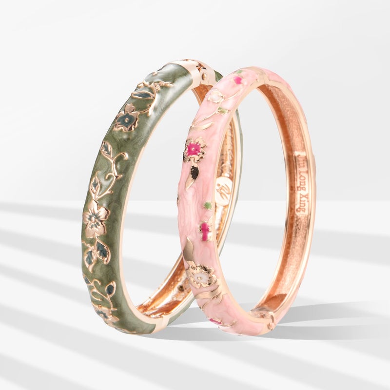 UJOY Elegant Bracelet Plated Enameled Jewelry Spring Hinge Metal Cuff Cloisonne Bangles Set Gift Box Packed 55A82-55A111 Green Pink - Image 2