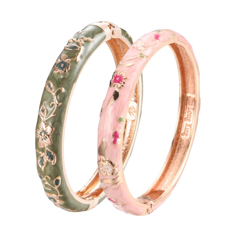 UJOY Elegant Bracelet Plated Enameled Jewelry Spring Hinge Metal Cuff Cloisonne Bangles Set Gift Box Packed 55A82-55A111 Green Pink - Image 1