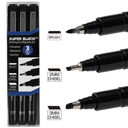 Creative Mark Calligraphy & Fineliner Pen Set of 3 Lettering & Calligraphy Drawing - Super Black, Permanent, Waterproof, & Acid-Free Chisel Nylon-Nibs Pens & Medium Brush Tip - Image 2