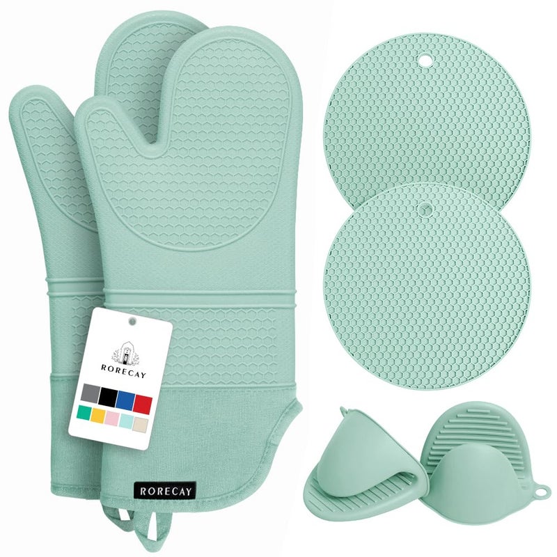 Rorecay 6pcs Oven Mitts and Pot Holders Sets Heat Resistant 500 Degrees Extra Long Silicone Oven Gloves NonSlip Potholders Hot Pads for Kitchen Baking Cooking Quilted Liner Bermuda Teal