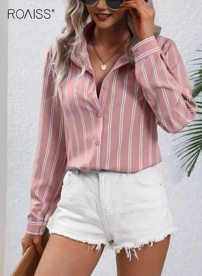 رويس قمصان نسائية ربيعية فاخرة ناعمة قابلة للتنفس من الحرير الساتان المرن بأزرار للنساء بلوزات مخططة بأكمام طويلة وبلوزات فضفاضة للعمل غير رسمية للسيدات - Image 1