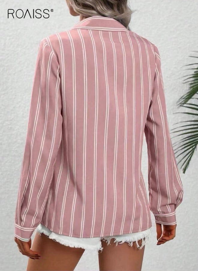 رويس قمصان نسائية ربيعية فاخرة ناعمة قابلة للتنفس من الحرير الساتان المرن بأزرار للنساء بلوزات مخططة بأكمام طويلة وبلوزات فضفاضة للعمل غير رسمية للسيدات - Image 4