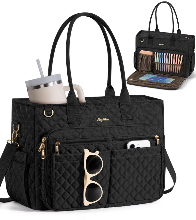 Bagstellar Teacher Tote Bags for Women, 15.6 inch Laptop Work Tote Nurse Bible Bag With Large Cup Holder & Insulated Pocket Quilted Shoulder Handbag Laptop Briefcase for Work, Daily, School, Travel, Gifts - Image 1