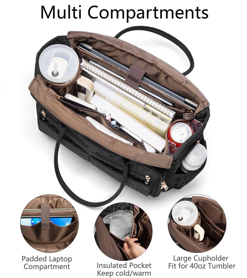 Bagstellar Teacher Tote Bags for Women, 15.6 inch Laptop Work Tote Nurse Bible Bag With Large Cup Holder & Insulated Pocket Quilted Shoulder Handbag Laptop Briefcase for Work, Daily, School, Travel, Gifts - Image 3