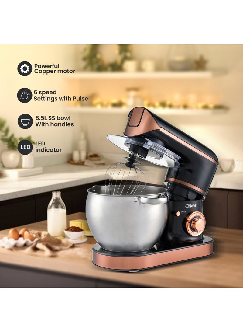 كليكون خلاط مطبخ قائم مع مطحنة لحم، 1500 واط، وعاء من الفولاذ المقاوم للصدأ سعة 8.5 لتر مع مقبض ووعاء سعة 1.5 لتر، 6 سرعات + نبض مع خطاف عجين، مضرب، ملحقات خفق، تصميم رأس مائل - Image 3