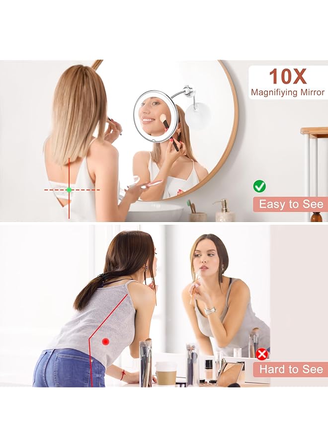 erorex 10X Magnifying Makeup Mirror Led Mirror Adjustable Flexible Gooseneck Locking Suction Cosmetic Mirror Magnifying Mirrors Vanity Mirror For Bedroom Bathroom - Image 2