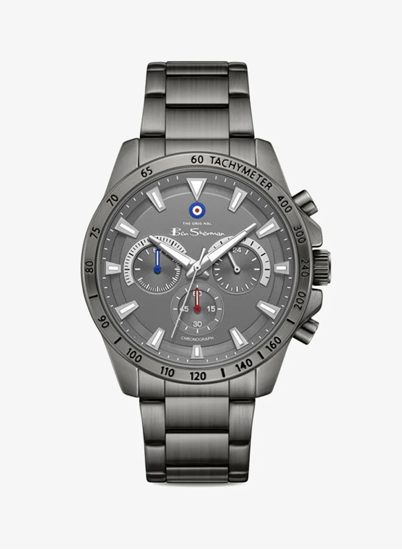 Ben Sherman Liverpool  Gunmetal Dial Gunmetal Stainless Steel Bracelet Chronograph Watch for Men, 44mm